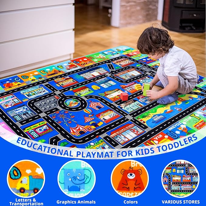 Kids Rugs for Toy Cars Playroom 78.7"×59" ABC Transportation Animals Play Mat Educational Mat Alphabet Area Rug Public Buildings Kids Playtime Collection Toddler Learning Carpet