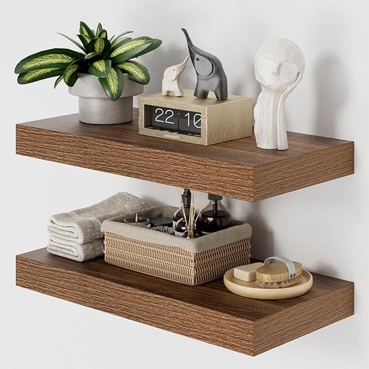 Heimlove 12" Deep Walnut Floating Shelves for Wall, 24 Inch Wall Shelf Bathroom Shelves Set of 2, Wall Mounted Shelves for Books Living Room Laundry Room Bedroom Kitchen Home Office