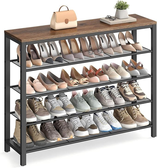 VASAGLE INDESTIC Shoe Rack, Shoe Organizer for Closet with 4 Mesh Shelves and Large Top for Bags, Entryway Hallway Shoe Shelf, Steel Frame, Industrial, Hazelnut Brown and Black ULBS015B03