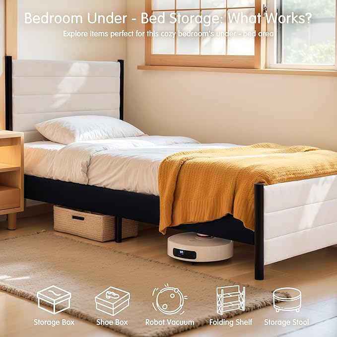 Hokway Bed Frame Upholstered Platform Bed with Headboard Wooden Slat Support No Box Spring Needed(King, Beige)