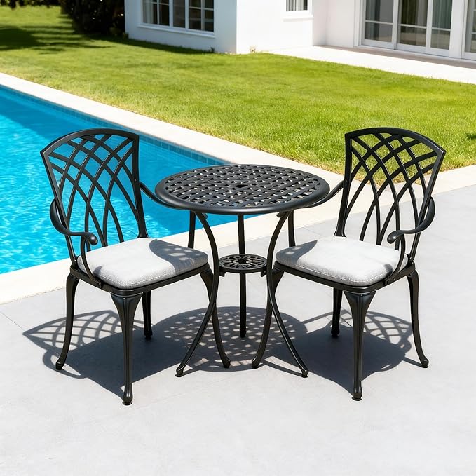 3 Piece Patio Bistro Set with Cushions, Outdoor Bistro Table and Chairs Set of 2 with Umbrella Holes, All Weather Bistro Table Set for Garden Porch Pools (Black with Grey Cushion)