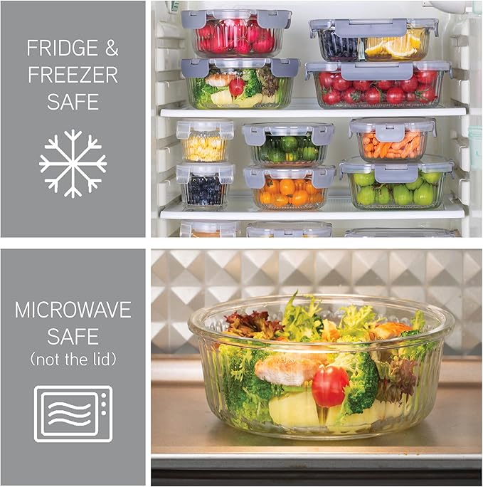 COOK WITH COLOR Premium 32-Pc. Borosilicate Glass Food Container Set with Dividers - 4 Rectangles, 8 Rounds, 4 Squares - Leakproof Lids - Meal Prep, Storage, Fluted Ombre Grey