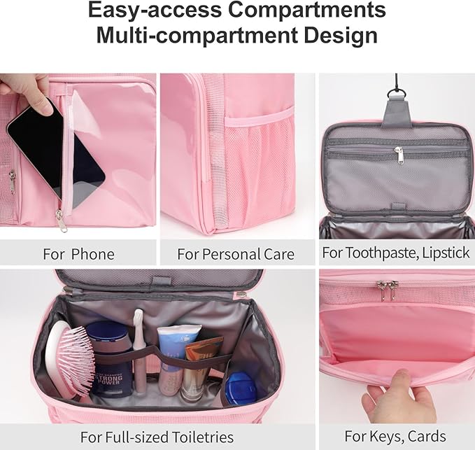 F-color Hanging Shower Caddy Portable with Clear Makeup Bag - College Dorm Essentials for Guys with Hooks Pink, TSA Approved Toiletry Bag for Travel Size, Rose Pink