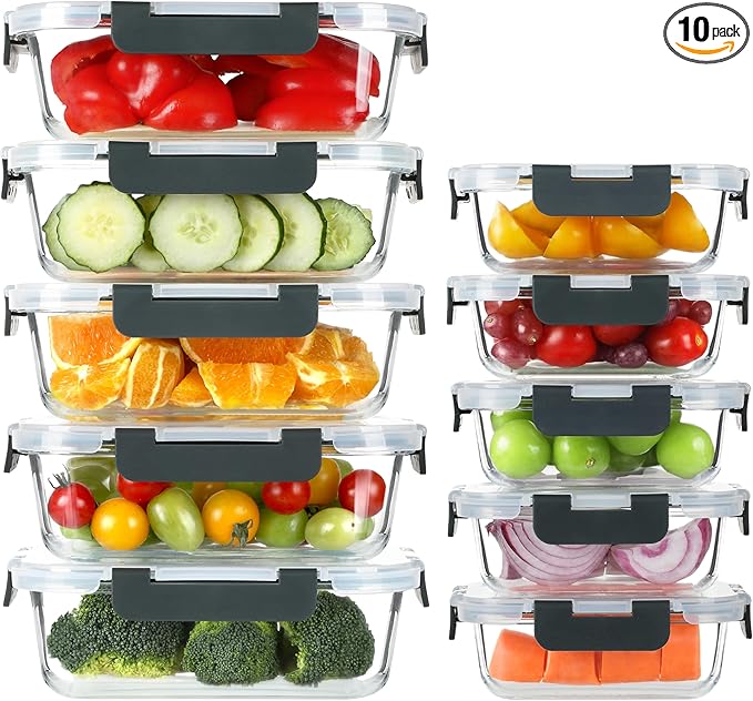 BAYZZ 10 Pack Glass Meal Prep Containers, Glass Food Storage Containers with Lids, Airtight Lunch Box, Freezer,Oven,Microwave and Dishwasher Safe