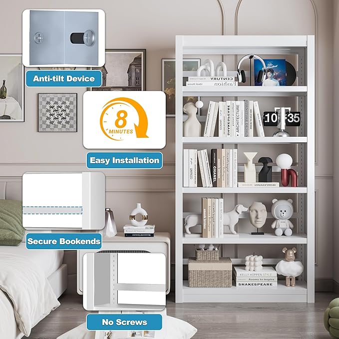 69" Tall White Metal Bookshelf, 5-Tier Adjustable Bookcase, Easy Assembly Modern Storage Shelf for Office, Home, Living Room, Library, School