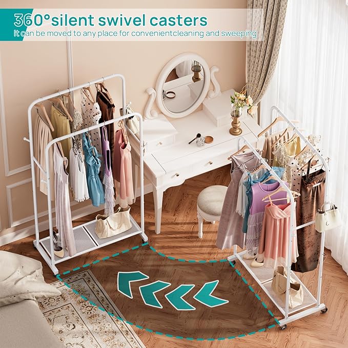 SINGAYE Clothing Rack Garment Coat Racks Drying Metal Freestanding for Hanging Clothes Portable With Wheels Closet for Laundry Bedroom White