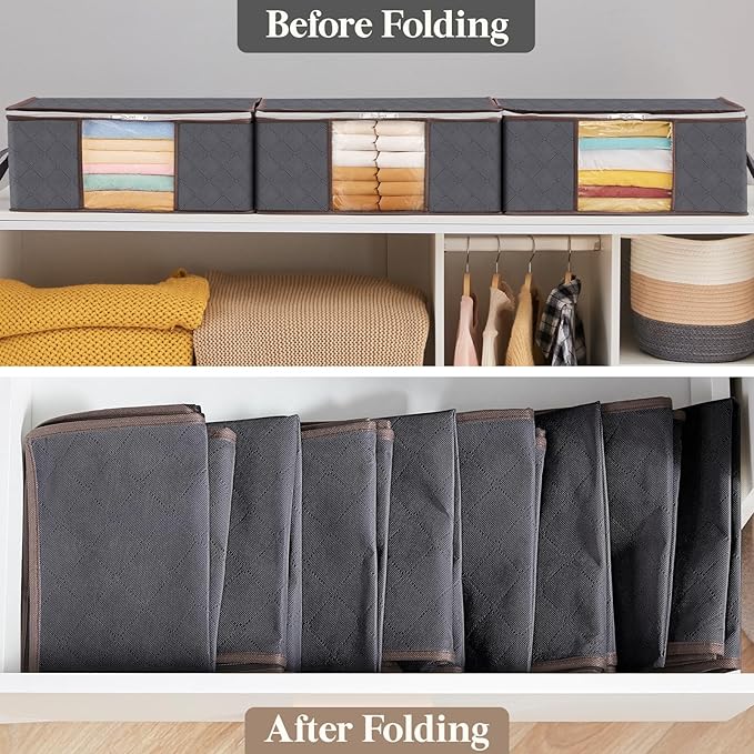 Lifewit 3 Pack Clothes Storage Bag, Foldable Storage Bin Closet Organizer with Reinforced Handle, Sturdy Fabric Blanket Storage with Clear Window, Storage Containers for Clothing, Bedding, Gray