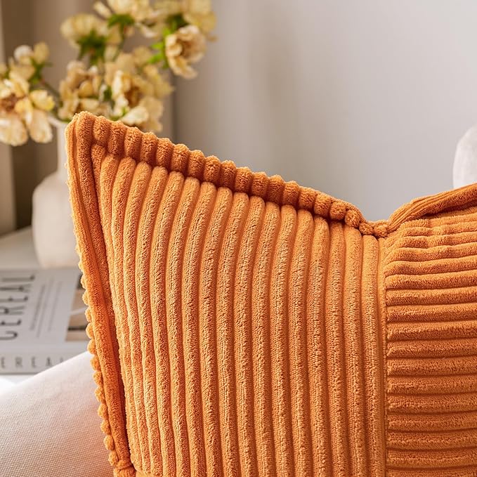 MIULEE Burnt Orange Fall Decorative Lumbar Throw Pillow Covers for Couch Bed Livingroom 12x20 Inch Set of 2 Boho Accent Throw Pllows Broadside Striped Patchwork Soft Corduroy Pillowcases