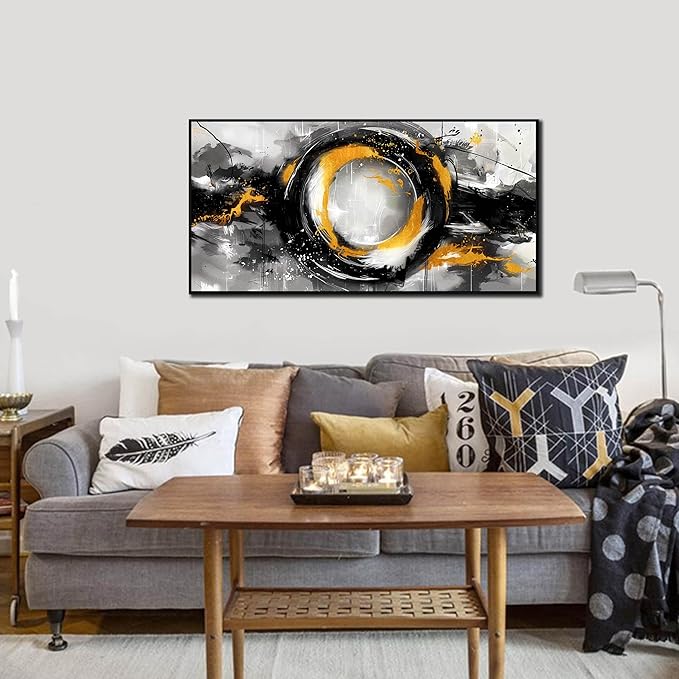 SIXTTART Abstract Circle Wall Art for Living Room - Black White and Gold Modern Canvas Wall Art for Office - Modern Framed Wall Art for Bedroom Size 20" x 40"