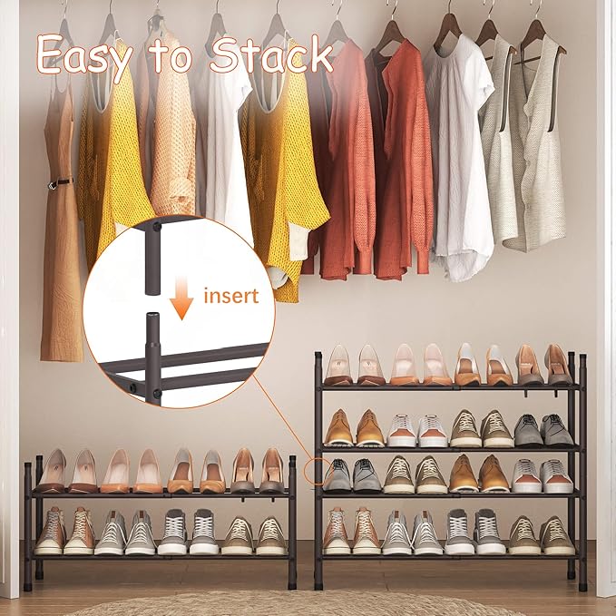 TZAMLI 2-Tier Shoe Rack for Closet, Expandable and Stackable Shoe Organizer Adjustable Metal Shoe Storage Small Shoe Shelf for Entryway Entrance, Brown