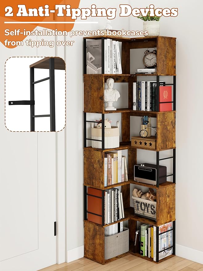 7 Tier Corner Bookshelf 74 Inches Tall Corner Bookcase Industrial L Shaped Book Shelf with Metal Frame Display Rack Storage Organize for Home Office,Living Room,Bed Room (Brown)