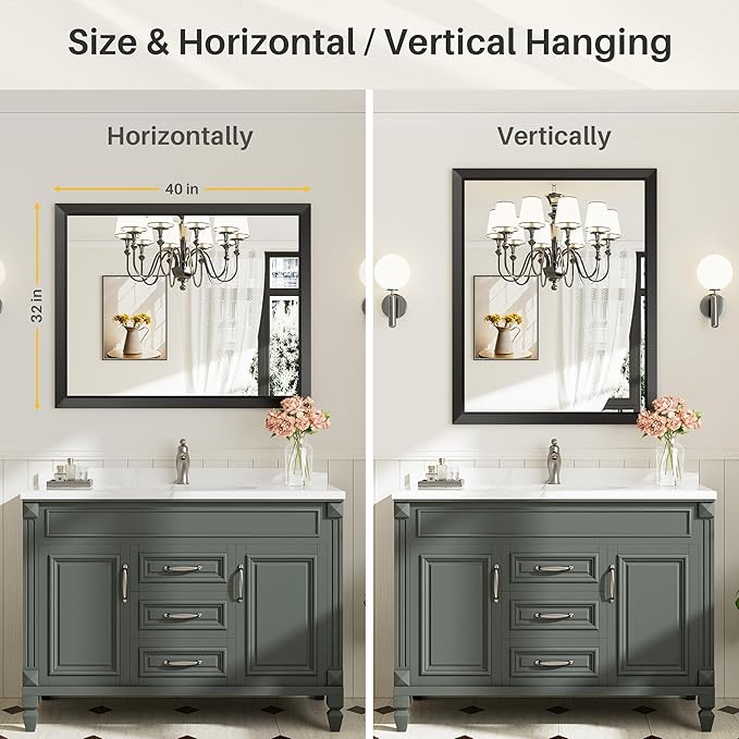 40x32 Inch Black Bathroom Mirror for Wall, Thick Metal Framed Rectangle Mirrors for Over Sink, Bedroom, Living Room, Entryway, Anti-Rust, HD Tempered Glass