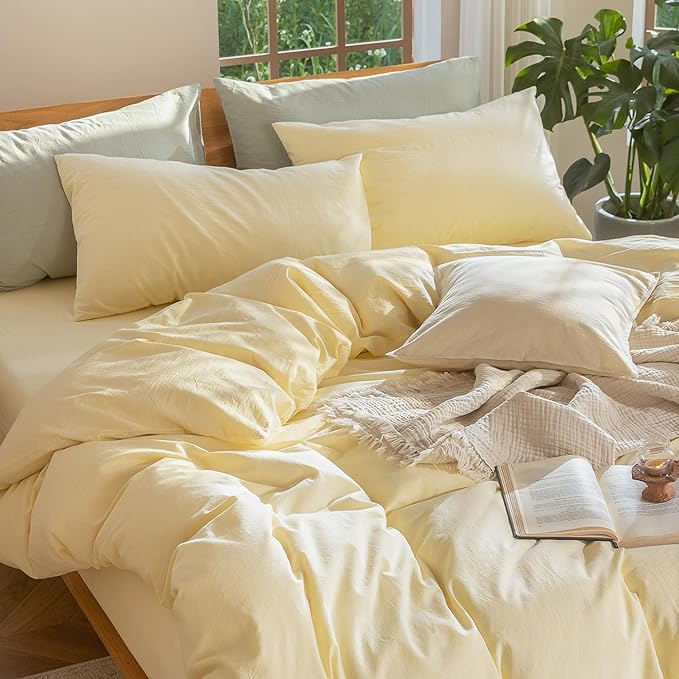 MooMee Bedding Duvet Cover Set 100% Washed Cotton Linen Like Textured Breathable Durable Soft Comfy (Heathered Butter Yellow, Palatial King/Oversized King 120"x98")
