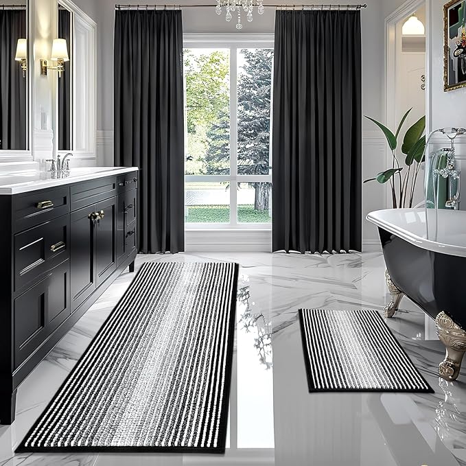 BSICPRO Bathroom Rugs and Mats Sets, 2 Piece Thick Absorbent Chenille Bath Mat Rug Set Non Slip, Soft Shaggy Bath Room Floor Mats for Bathroom, Machine Washable (Black, 20" x 60" Plus 20" x 32")