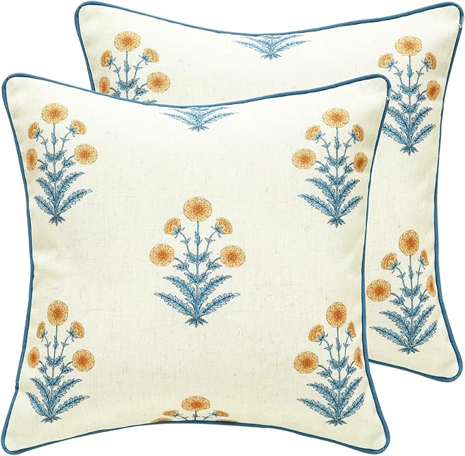Design Square Simple Elegant Linen Throw Pillow Covers 18"x18" Pack of 2, Blue Yellow Floral Pattern Cushion Covers Decor Pillowcases for Bed,Living Room,Outdoor,Car