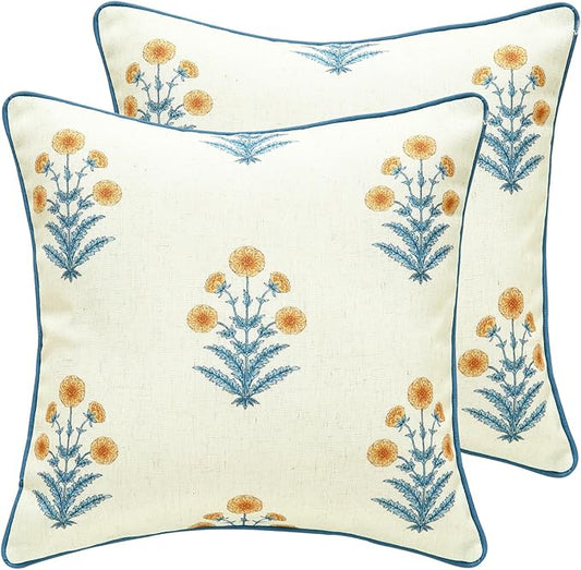 Design Square Simple Elegant Linen Throw Pillow Covers 18"x18" Pack of 2, Blue Yellow Floral Pattern Cushion Covers Decor Pillowcases for Bed,Living Room,Outdoor,Car