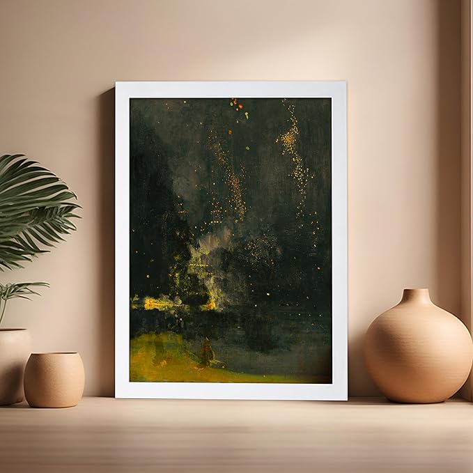 Poster Master Vintage Nocturne in Black and Gold Painting Poster - Retro The Falling Rocket Print - Abstract Art - Moody Art - Landscape Art - Office or Living Room Decor, 16x20 White Framed