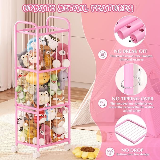 Stuffed Animal Storage Zoo Cage-Stuffed Animal Holder with Heavy Duty Metal Frame & Wheels,Space Save Large Toy Organizer for Kids Holds 50+ Plush Toys for Playroom Bedroom Nursery