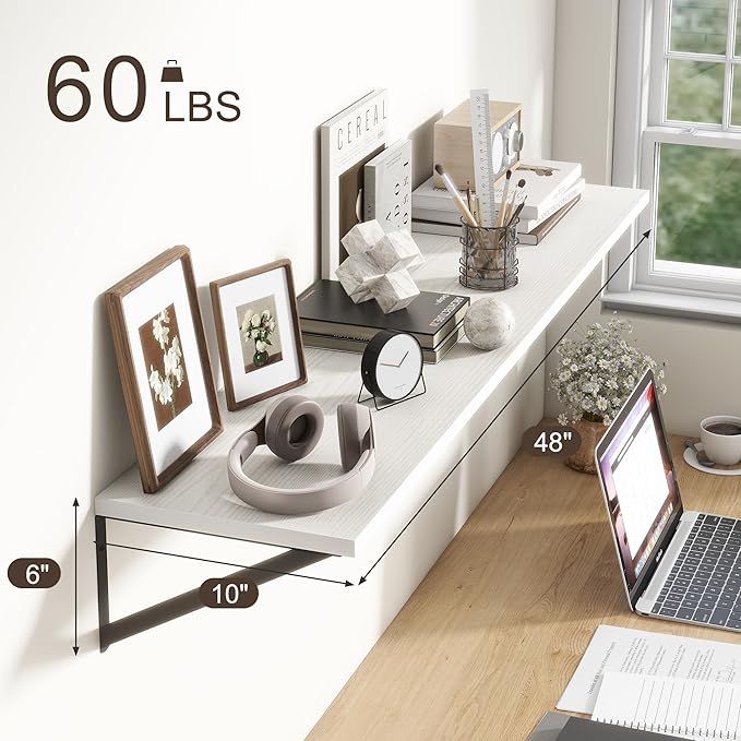 Floating Shelves 48 Inch Long, 10" Deep Floating Shelves, White Wall Shelves 48 x 10, Set of 2, Wide Large Display Storage Shelves for Bathroom, Living Room, Rustic Wood Shelves with Brackets