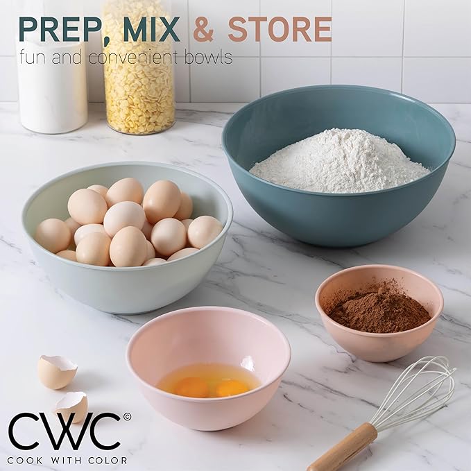 COOK WITH COLOR Mixing Bowls with TPR Lids - 12 Piece Plastic Nesting Bowls Set includes 6 Prep Bowls and 6 Lids, Microwave Safe (Teal)