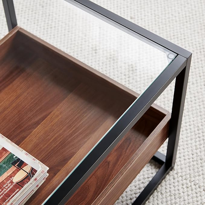 Shrine Glass Coffee Table, Black Walnut Coffee Table for Living Room, Glass and Wood Coffee Table, 39.2" D x 19.5" W x 15.7" H, Clear Glass Top, Walnut Wood Panels&Black Metal Frame