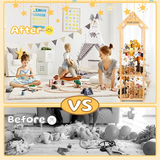 HOMIEE Stuffed Animal Storage Organizer, Wood Stuffed Animal Zoo Toy Holder for Kids Playrooms, Bedrooms, Nursery Room