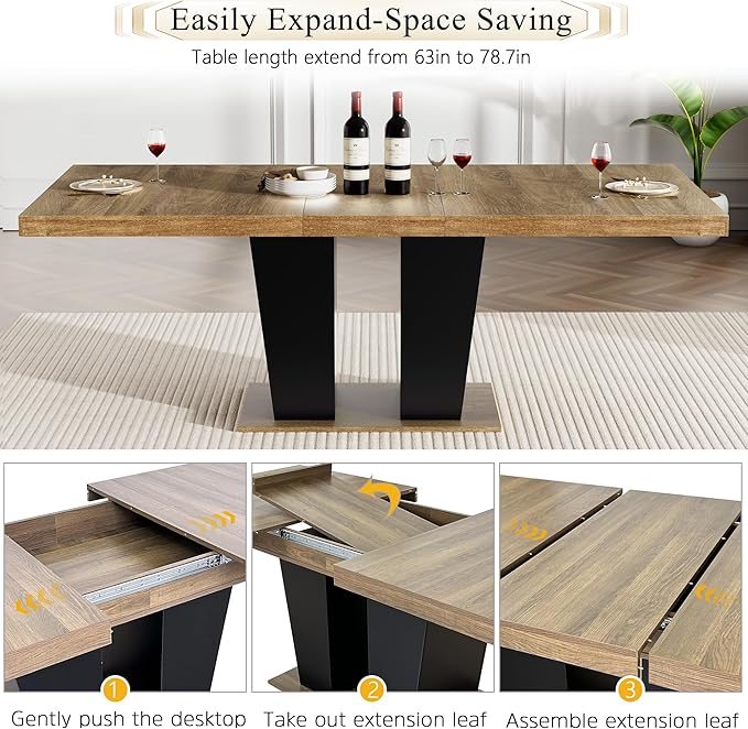 Goujxcy 9-Piece Extendable Dining Table Set for 6-8 People 63-78 Inch Kitchen Table Set with 8 Velvet Upholstered Chairs Farmhouse Rectangular Dining Room Table Set for Kitchen Dining Room Apartment