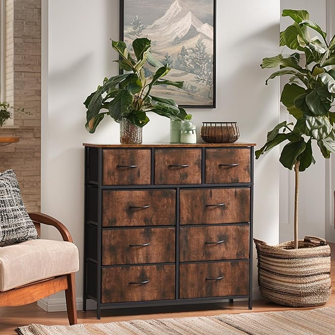 Sweetcrispy Dresser with 9 Drawers for Bedroom, Fabric Dresser Storage Tower, Chest of Drawers Organizer Unit, Storage Cabinet for Hallway, Closets, Steel Frame, Wood Top