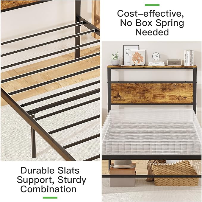 Weehom Twin Bed Frames with Headboard Shelf - Modern Twin Size Bed Frames with Wood Headboard, No Box Spring Needed Metal Platform Bed, Rustic Brown