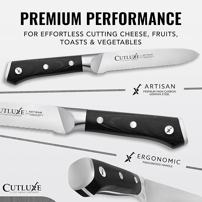 Cutluxe Kitchen Utility Knife – 5" Serrated Ultra Sharp Blade, Ergonomic Handle, Full Tang – Forged High Carbon German Steel – Artisan Series