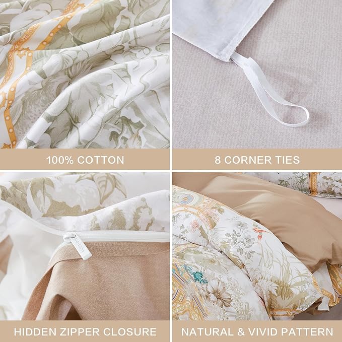 SAPHREAS Gold Floral Duvet Cover Set 3pcs Full Size White Flower Botanical Blossom Bedding Comforter Cover Set 100% Cotton 1 Duvet Cover 2 Pillow Shams, Comforter Not Included