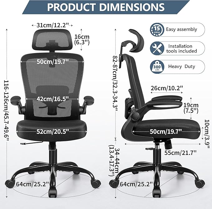 FelixKing Ergonomic Office Chair with Adjustable Headrest, Desk Chair Lumbar Support Swivel Task Chair with Flip up Armrests, Computer Gaming Chair for Home/Conference Room (Black)