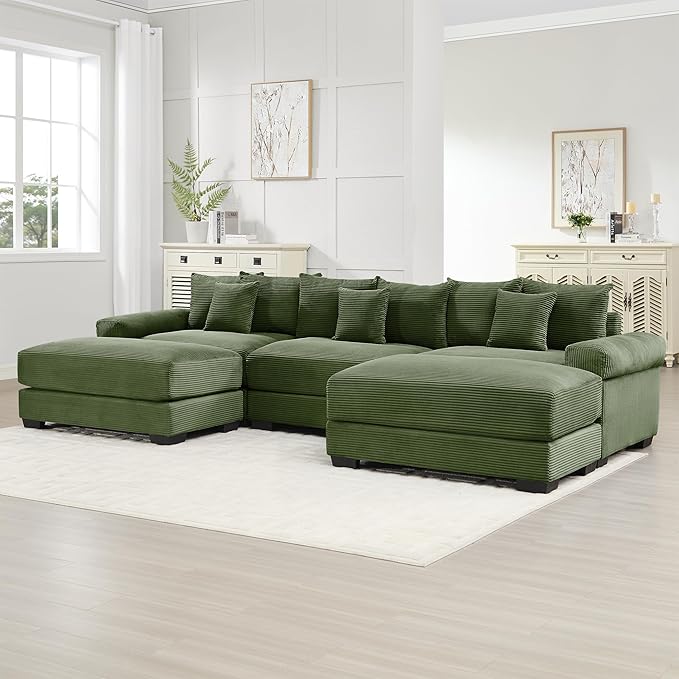 KEIKI 130" U-Shaped Oversized Corduroy Modular Cloud Sectional Sofa with 2 Ottoman, High-Density Foam Cushion, Extra-Thick Armrest, 3-Seater Fluffy Corner Couch with 9 Pillow, for Living Room, Green