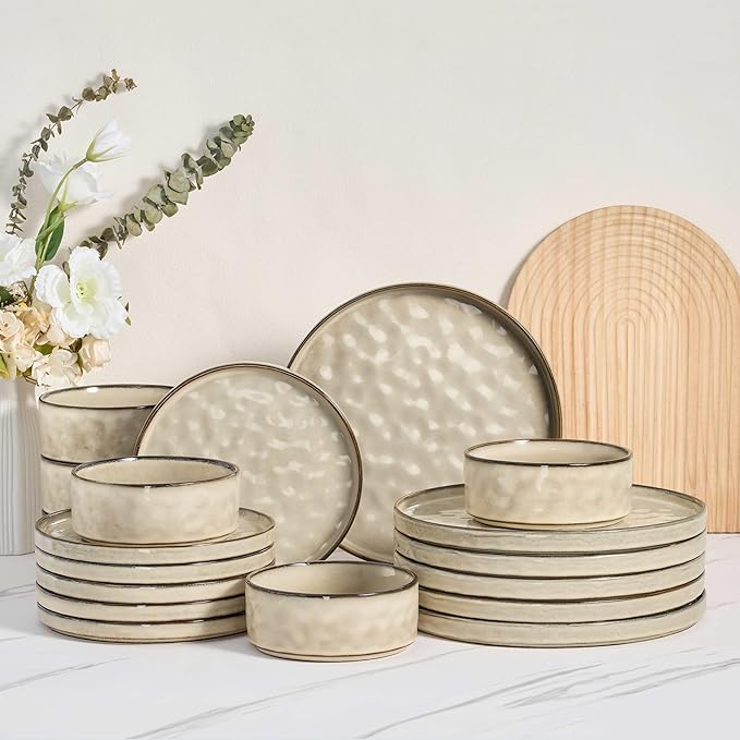 Herogo Dinnerware Dishes Sets, 18 Pieces Plates and Bowls Sets for 6, Kitchen Serving Dishes, Dishwasher & Microwave Safe, Cream Khaki