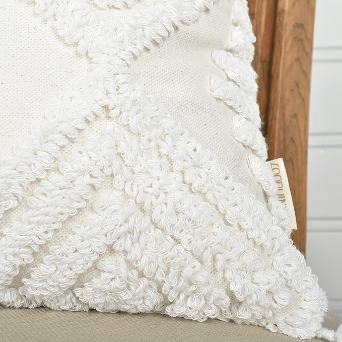 Boho Style Sofa Throw Pillow Covers – Exquisitely Crafted with Hand-Finished Tuft with Thick Cotton Tassel Details – Soft & Stylish Moroccan Decorative, 20x20inch (Spring Ruched)