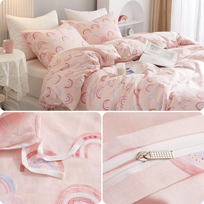 Ivellow Queen Duvet Cover Set 100% Cotton Rainbow Pink Kids Duvet Cover for Girls Cute Kawaii Bedding Set 3 Pcs Ultra Soft Breathable Toddler Teen Duvet Cover Patterned Cartoon Comforter Cover Bed Set