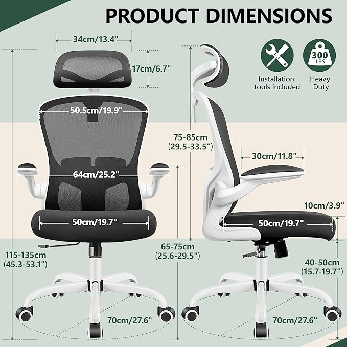 FelixKing Office Chair with Headrest, Home Office Desk Chairs with Flip-Up Armrests, Adjustable Height Ergonomic Office Chair Lumbar Support, Mesh Backrest Computer Chair (White)
