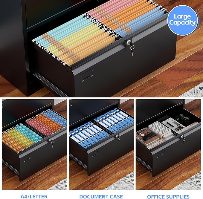 Metal 2 Drawer Lateral File Cabinet with 2 Lock - Wide Filing Cabinet for Letter/Legal/F4/A4 Hanging Files - Includes Business Card Holder,Home Office School Storage,Black