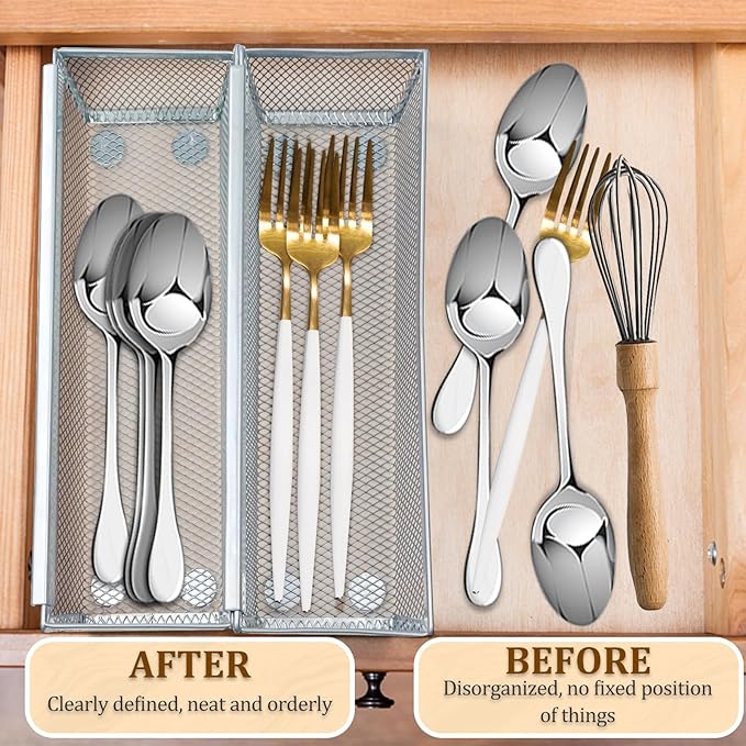 2PCS Drawer Organizer, Mesh Drawer Organizer with Interlocking Arm for Utensil, Cosmetic, Flatware, Pen (9 * 3 * 2 Inches, Grey)