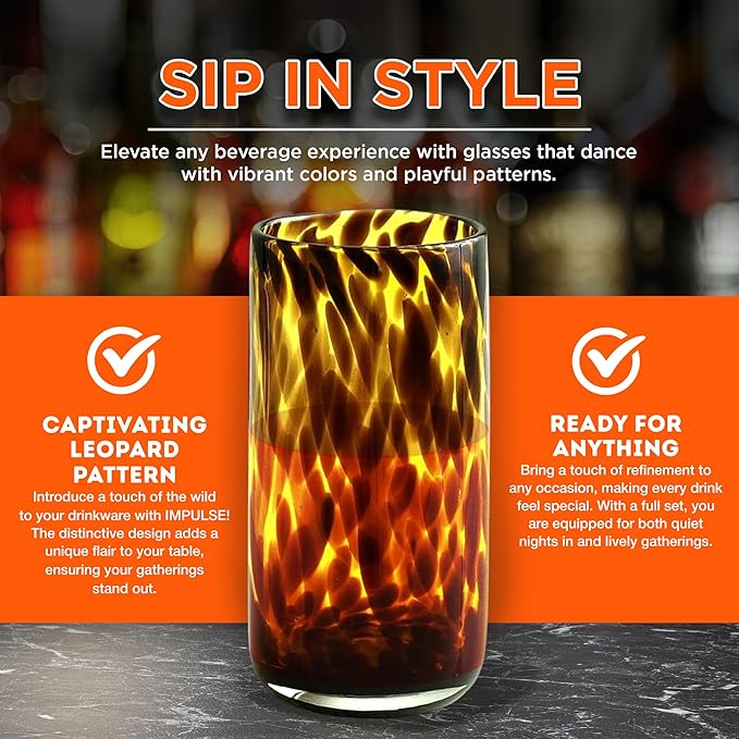 IMPULSE! Tortoise Leopard Print Brown 16 oz. Highball Rocks Glasses, Set of 4 - Stylish Stemless Cocktail Cups Glass - Ideal Glassware Tumbler for Gin, Tequila, Vodka, Soft Drinks