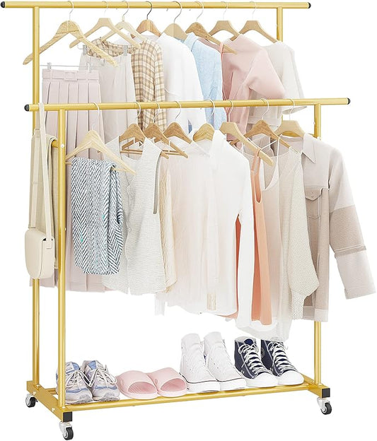 Calmootey Double Rod Clothing Garment Rack,Rolling Hanging Clothes Rack,Portable Clothes Organizer for Bedroom,Living Room,Clothing Store,Gold