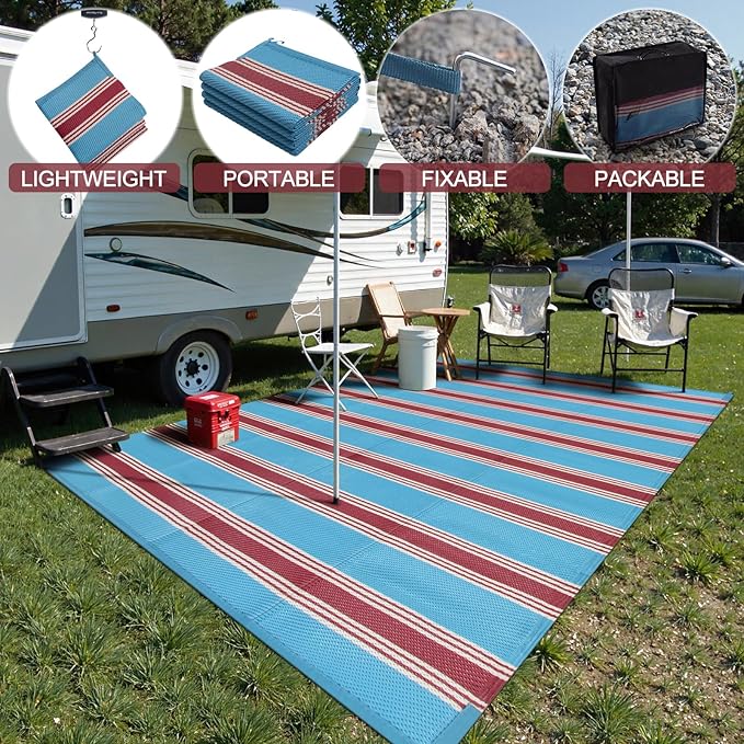 Lahome Striped Outdoor Plastic Straw Rug, Reversible Outdoor Rug Waterproof 9x12 Rugs for Patio, RV Camping Rug Picnic Mat Large Outside Carpet for Beach Deck Backyard Balcony(Blue/Red,9'x 12')