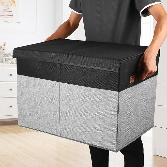 Large Toy Storage Box with Lid, Sturdy Toys Storage Chest Bin Organizer Basket with Dividers for Kids, Boys, Girls, Nursery, Closet, Bedroom, Playroom 25"x13" x16" (Black and Grey)