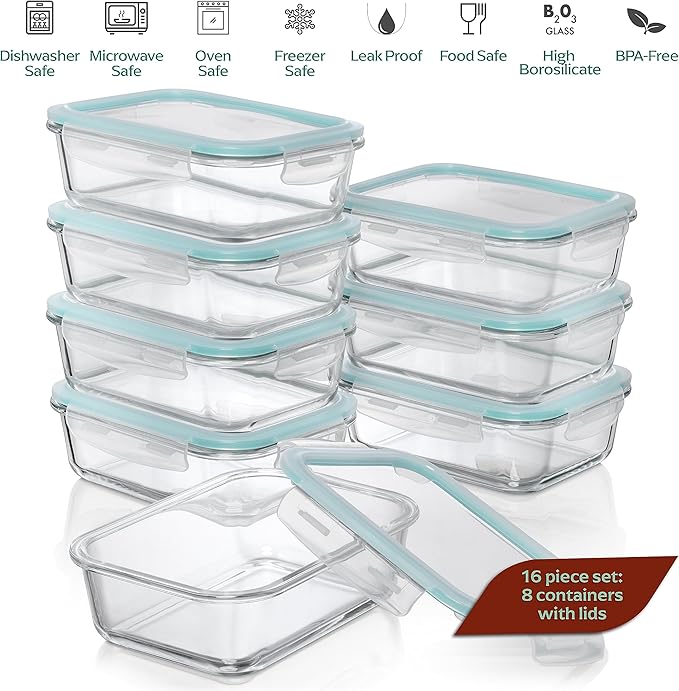 Fusion Gourmet 8 Pack 35 oz Glass Storage Containers with Lids - Airtight, Leakproof, Oven, Microwave & Freezer Safe, Stain & Odor Resistant, Reusable Meal Prep Containers (16-Piece)
