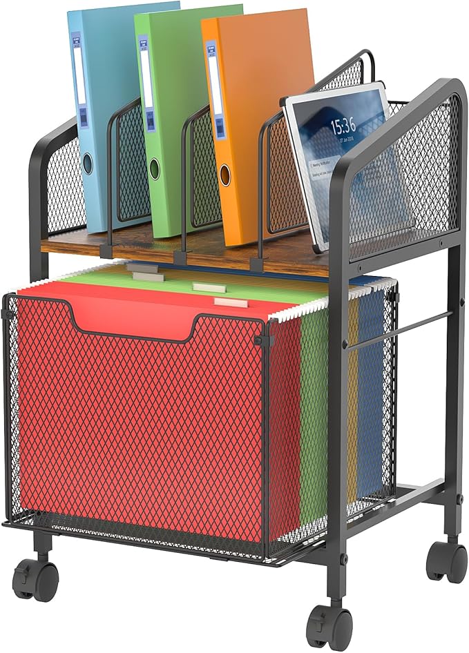 Rolling File Cabinet with Adjustable Dividers, Mobile Filing Cabinet with Storage Drawer on Lockable Wheels, Hanging File Organizer Beside Under Desk for Office, Home（Patent Pending）