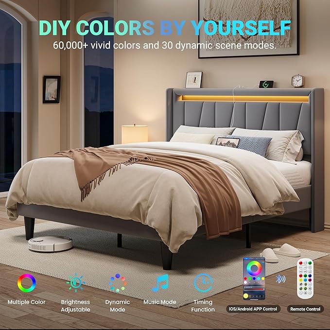 Allewie Full Size LED Bed Frame with Charging Station, Velvet Upholstered Platform Bed with Geometric Wingback Headboard, Modern Frame with No Box Spring Needed, Easy Assembly, Grey