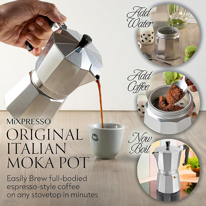 Mixpresso 6 Cup Moka Pot Cuban Coffee Maker, Moka Pot for Gas, Electric Stove Top, Classic Italian Coffee Maker, Stovetop Espresso Maker, Camping Pot Makes 6 Espresso Cup 10 Oz