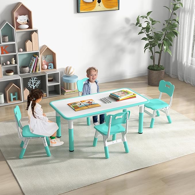 HONEY JOY Kids Table and Chair Set, Height Adjustable Children Activity Table and 4 Chairs Set w/Erasable Graffiti Desktop, Toddler Table and Chair Set for Daycare, Classroom, Home (Green)