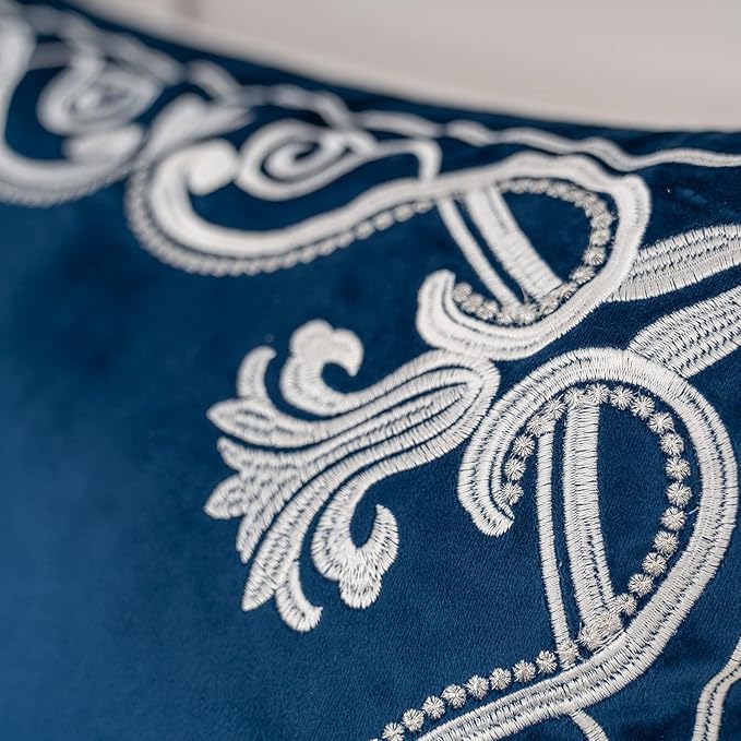 Aeckself European Floral Pillow Cover 20x20 Inch, Luxury Velvet Embroidered Decorative Throw Pillow Cover for Couch Bedroom Living Room, Navy Blue and White