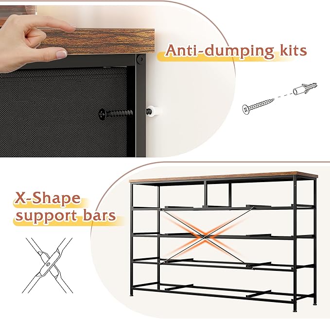 Tv Stand for Bedroom with 13 Fabric Dresser,Entertainment Center for 40,50,55 inch Tv,Dressers & Chests of Drawers for Living Room, Hallway, Entryway, Metal Frame, Rustic Brown